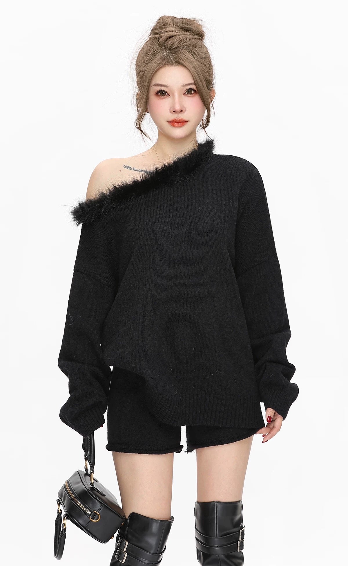 Black Knitted Top + Shorts Two Piece Set