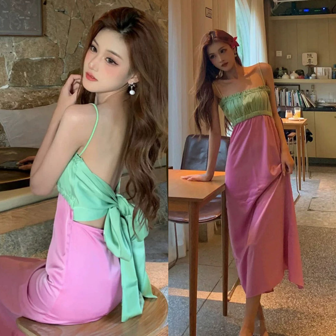 Green Mix Purple Satin Strap Dress (S, M)