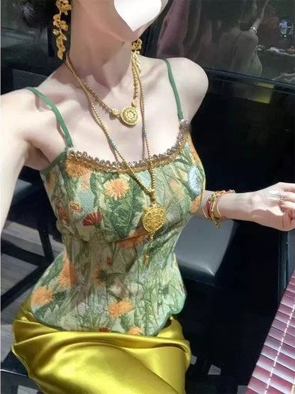 Green Cheongsam Top + Skirt Two Piece Set (XS)