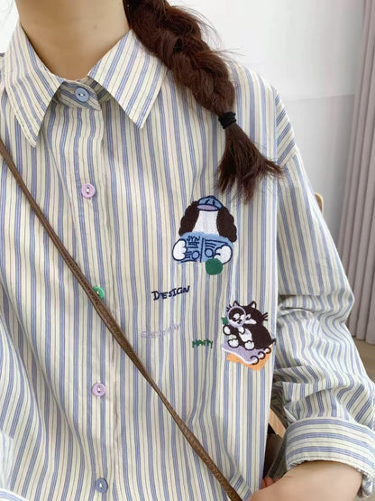 Color Button Stripe Long Sleeve Shirt