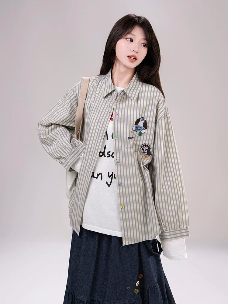 Color Button Stripe Long Sleeve Shirt