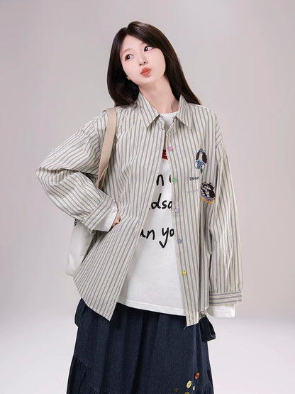 Color Button Stripe Long Sleeve Shirt