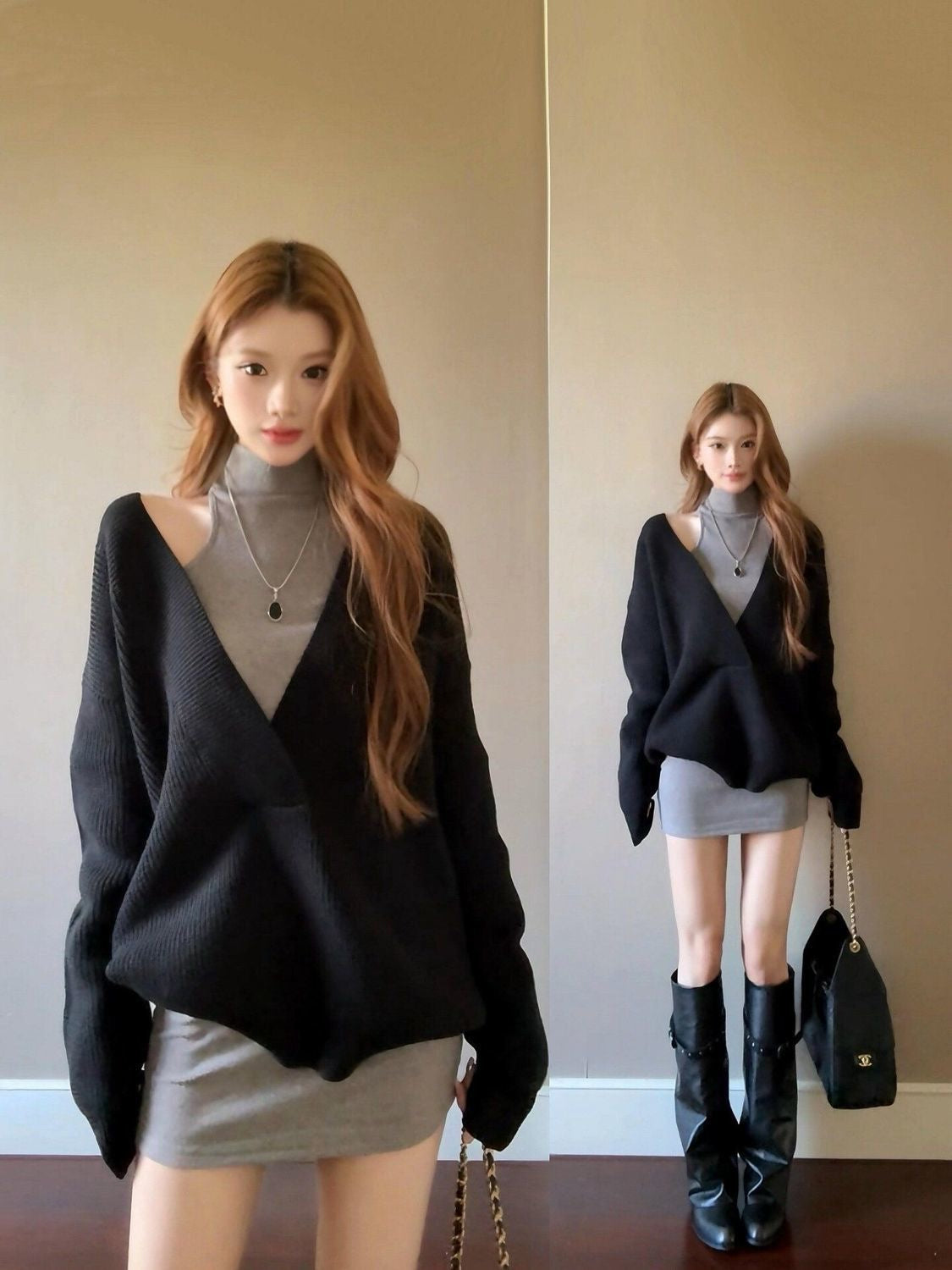 V Collar Black Grey Two Pieces Knitted Top