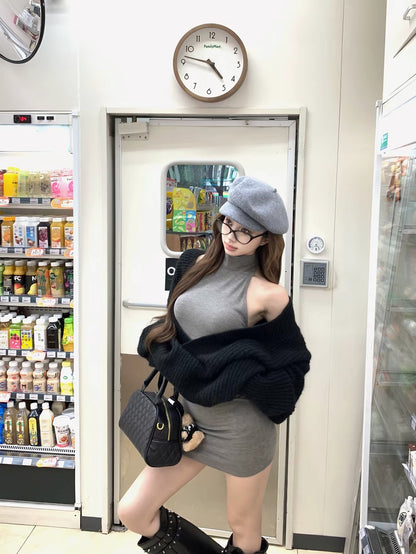 V Collar Black Grey Two Pieces Knitted Top