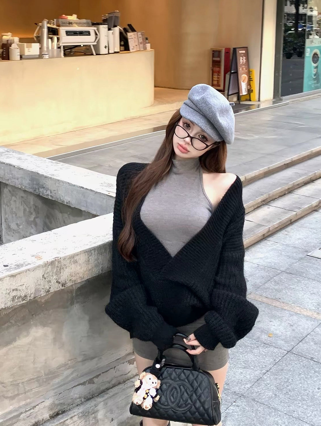 V Collar Black Grey Two Pieces Knitted Top