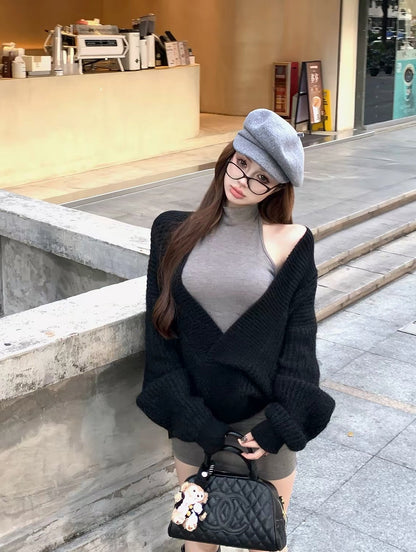 V Collar Black Grey Two Pieces Knitted Top