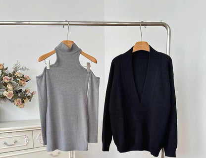 V Collar Black Grey Two Pieces Knitted Top