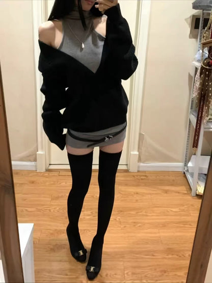 V Collar Black Grey Two Pieces Knitted Top