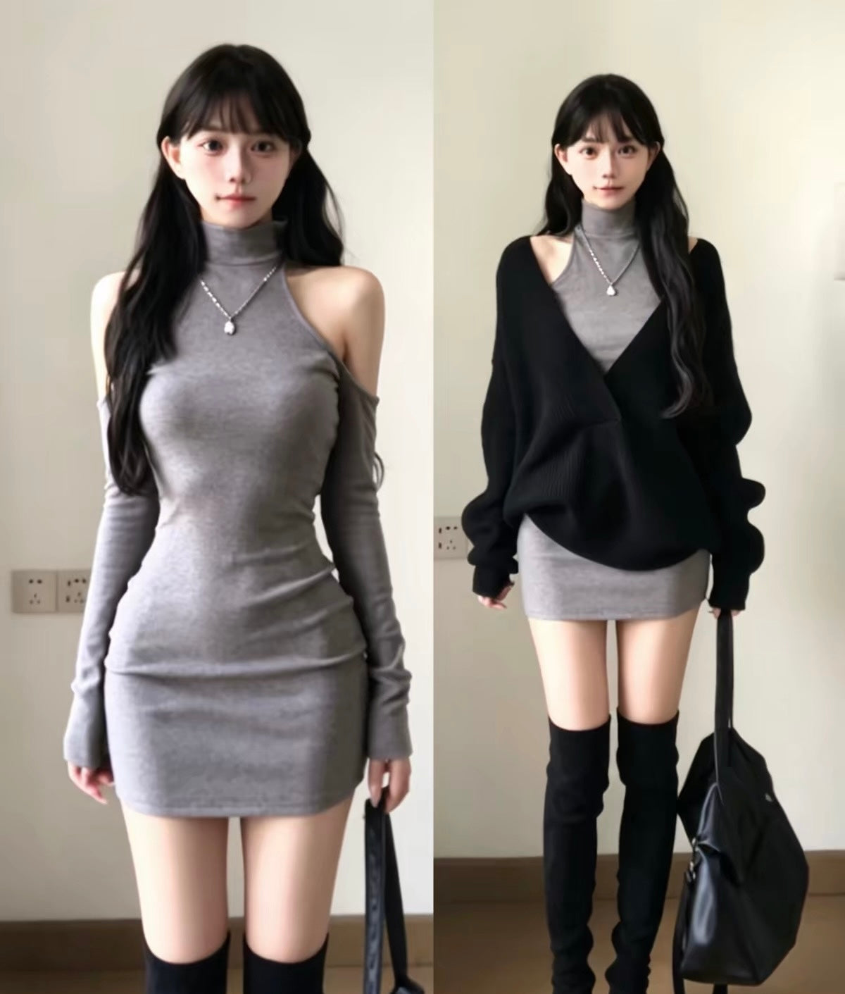 V Collar Black Grey Two Pieces Knitted Top