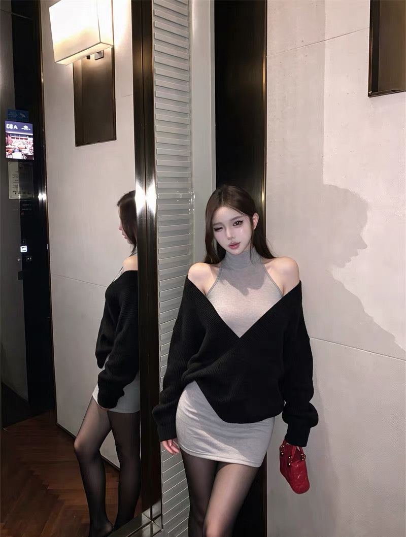 V Collar Black Grey Two Pieces Knitted Top