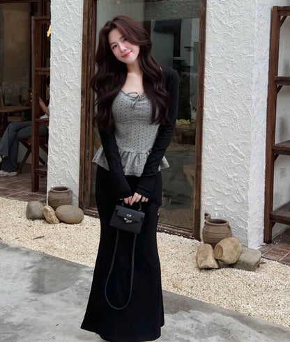 Polka Dot Grey Top + Skirt + Cardigan Three Piece Set