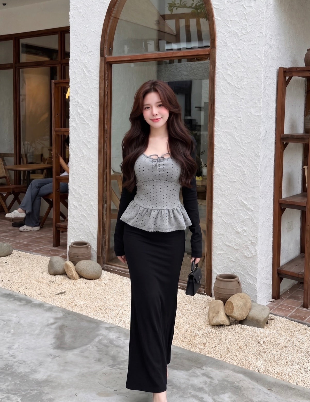 Polka Dot Grey Top + Skirt + Cardigan Three Piece Set