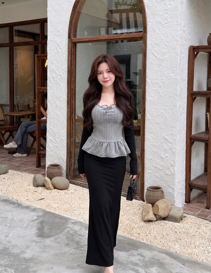 Polka Dot Grey Top + Skirt + Cardigan Three Piece Set
