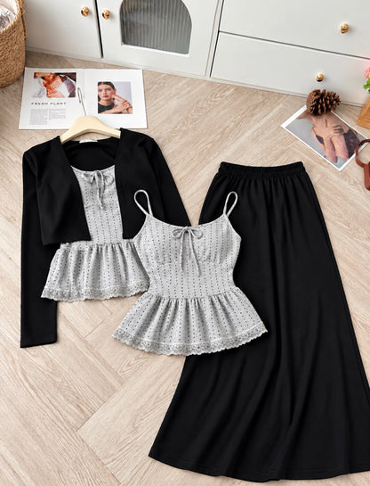 Polka Dot Grey Top + Skirt + Cardigan Three Piece Set