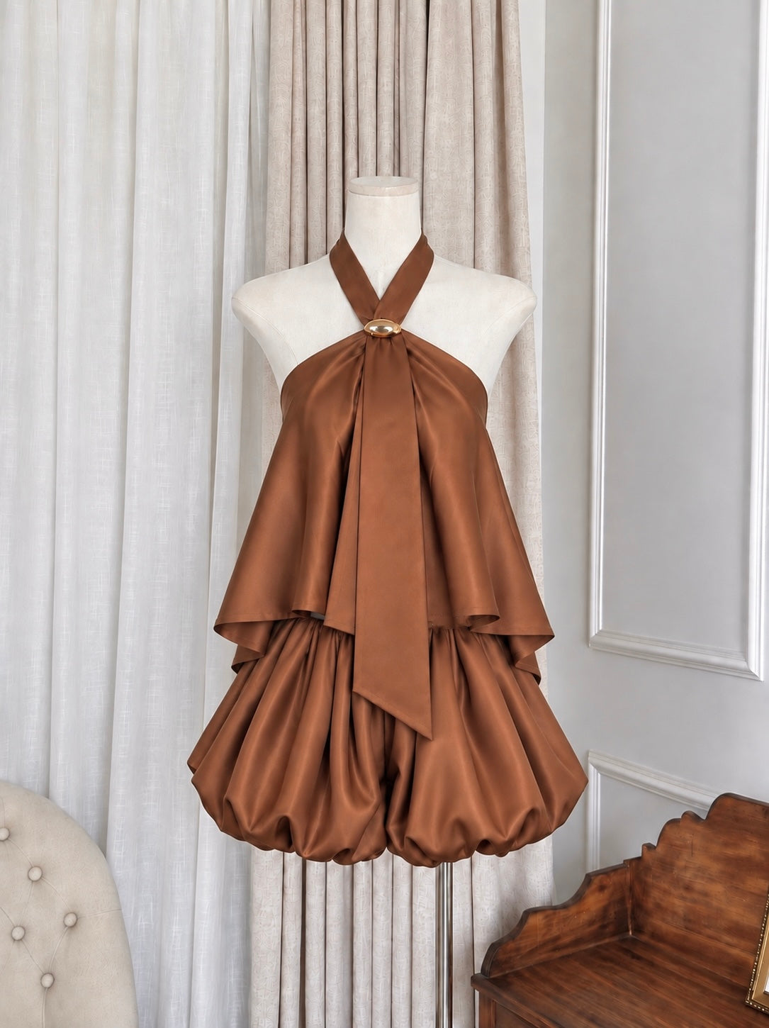 Mix Silk Top + Shorts Two Piece Set (Black, Brown)
