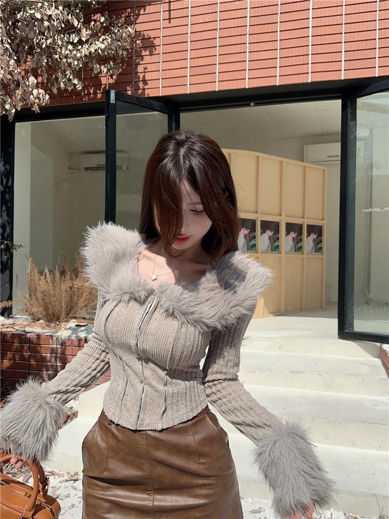 Furry Collar Khaki Grey Cardigan