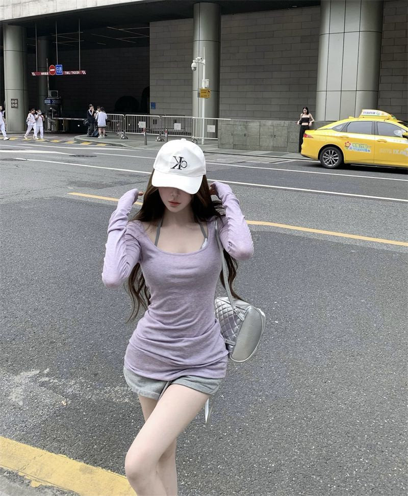 Bra Top + U Collar Long Sleeve Top Two Piece Set
