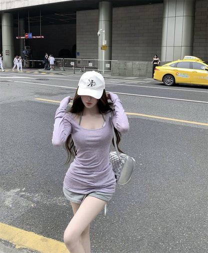 Bra Top + U Collar Long Sleeve Top Two Piece Set