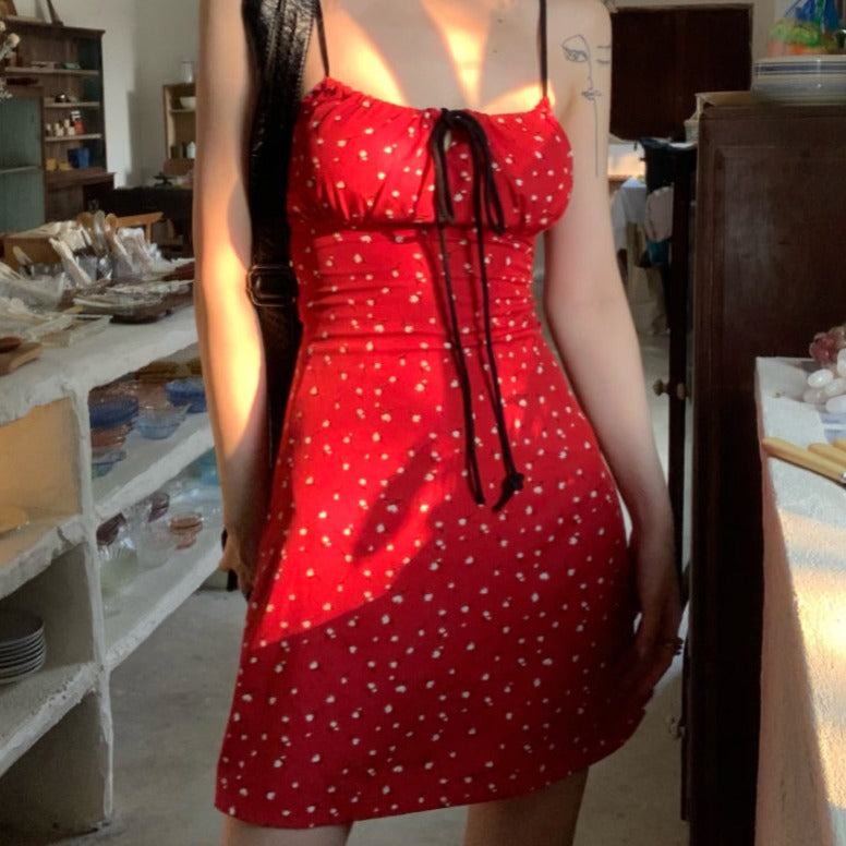 Flo Print Black Strap Red Dress (XS, S)