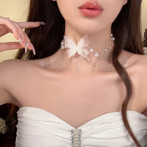 White Butterfly Necklace Choker