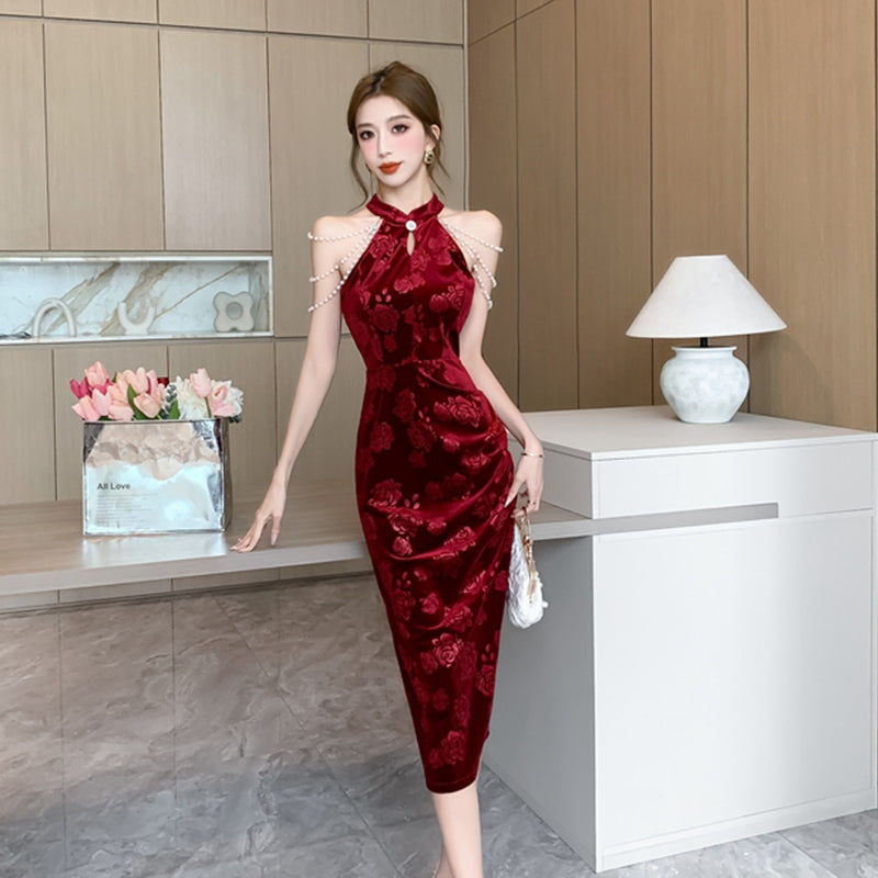 Pearl Strap Halter Collar Cheongsam Long Dress (S)