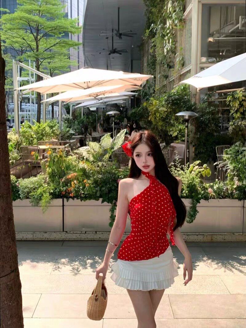 White Polka Dot Red Mesh Top
