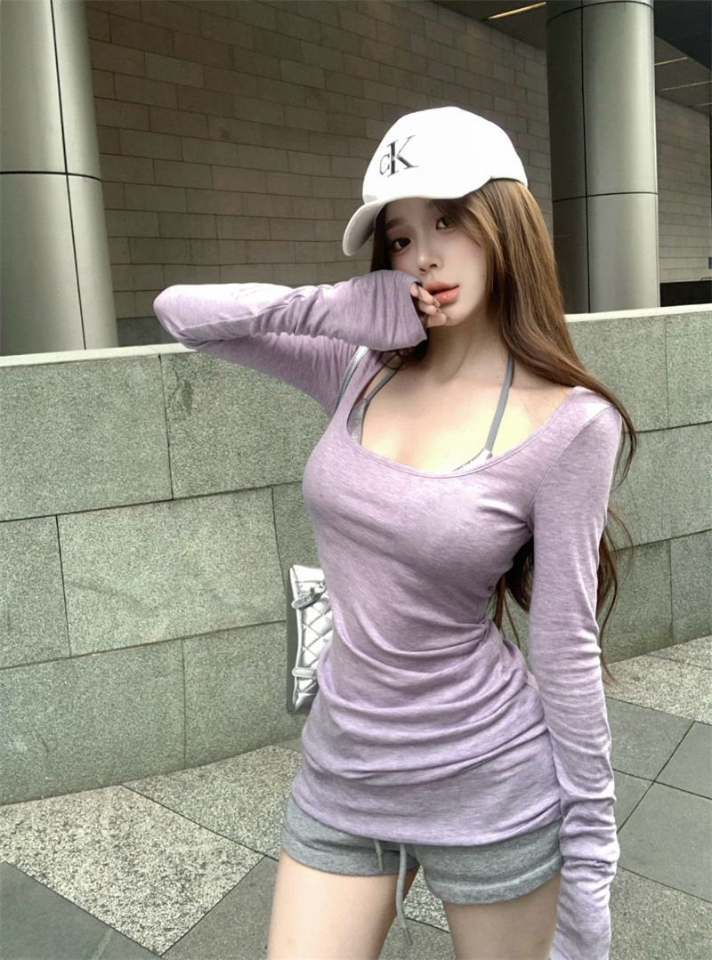 Bra Top + U Collar Long Sleeve Top Two Piece Set