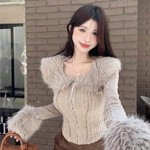 Furry Collar Khaki Grey Cardigan