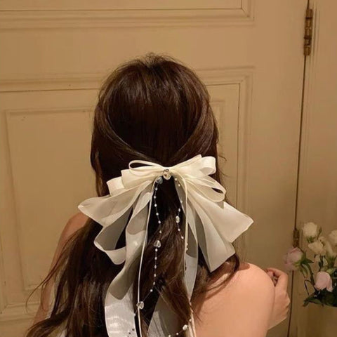 Mesh Pearl Ribbon Hair Clip