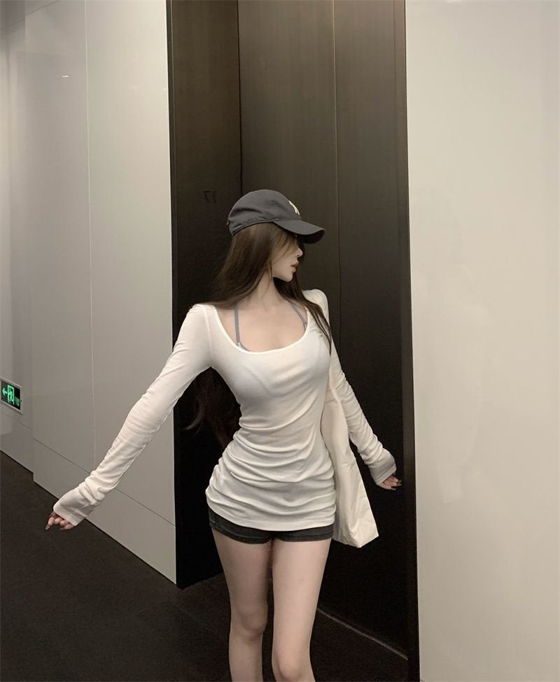 Bra Top + U Collar Long Sleeve Top Two Piece Set