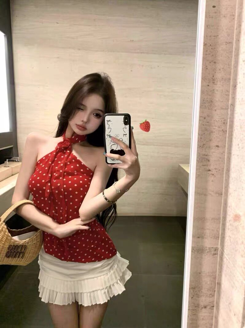 White Polka Dot Red Mesh Top