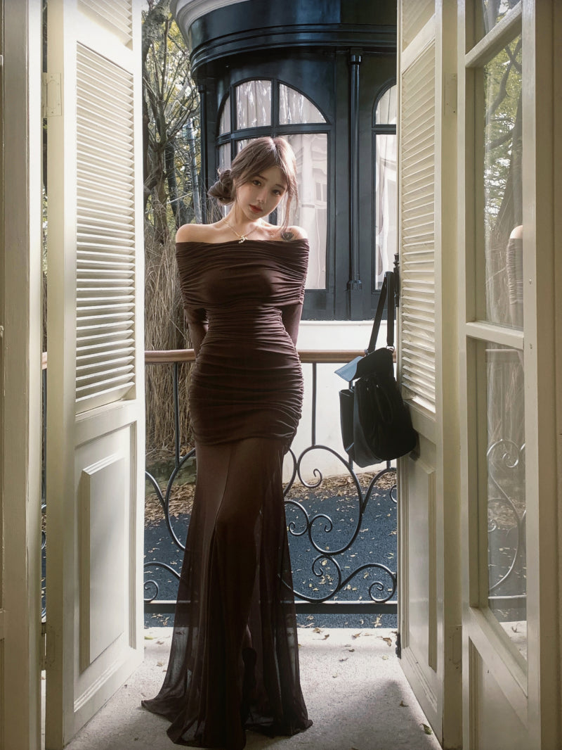 Brown Off Shoulder Mesh Dress