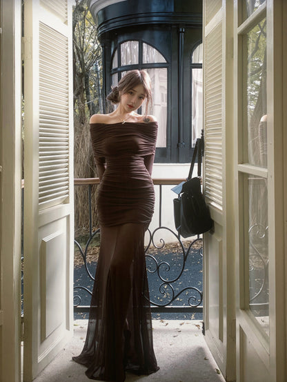 Brown Off Shoulder Mesh Dress