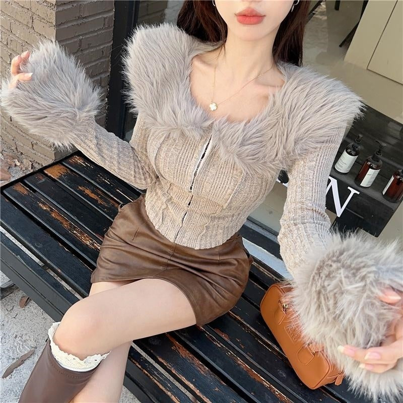 Furry Collar Khaki Grey Cardigan