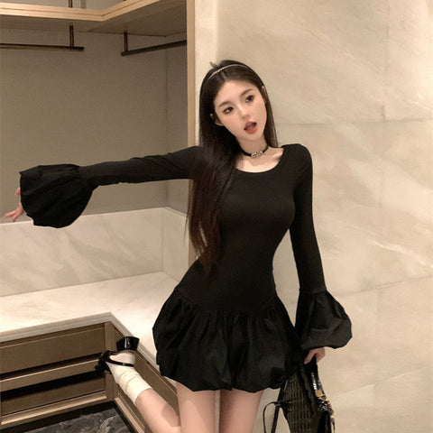 Lantern Sleeve Black Long Sleeve Top Dress