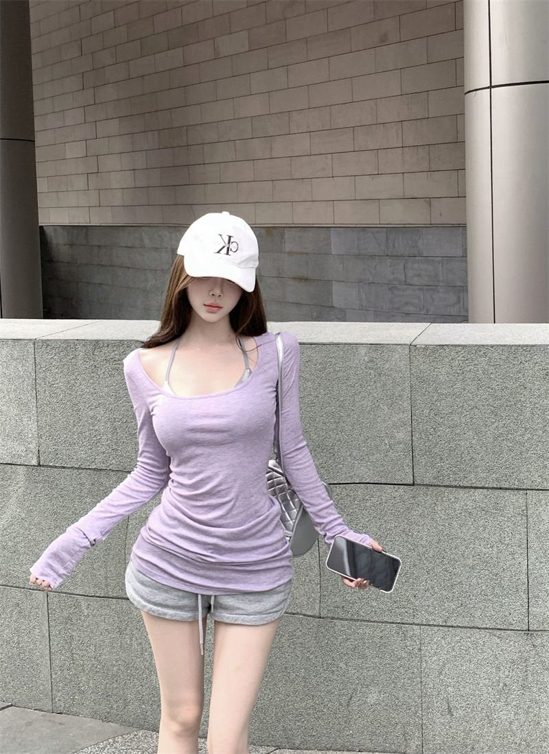 Bra Top + U Collar Long Sleeve Top Two Piece Set