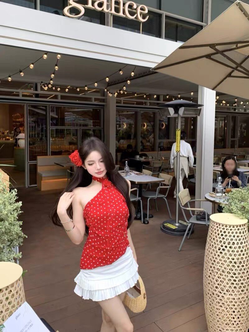 White Polka Dot Red Mesh Top
