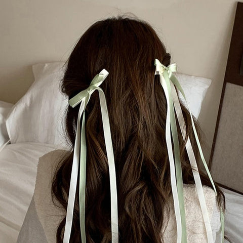 Greeny Long Ribbon Hair Clip Set