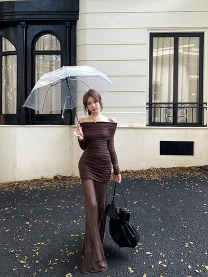 Brown Off Shoulder Mesh Dress