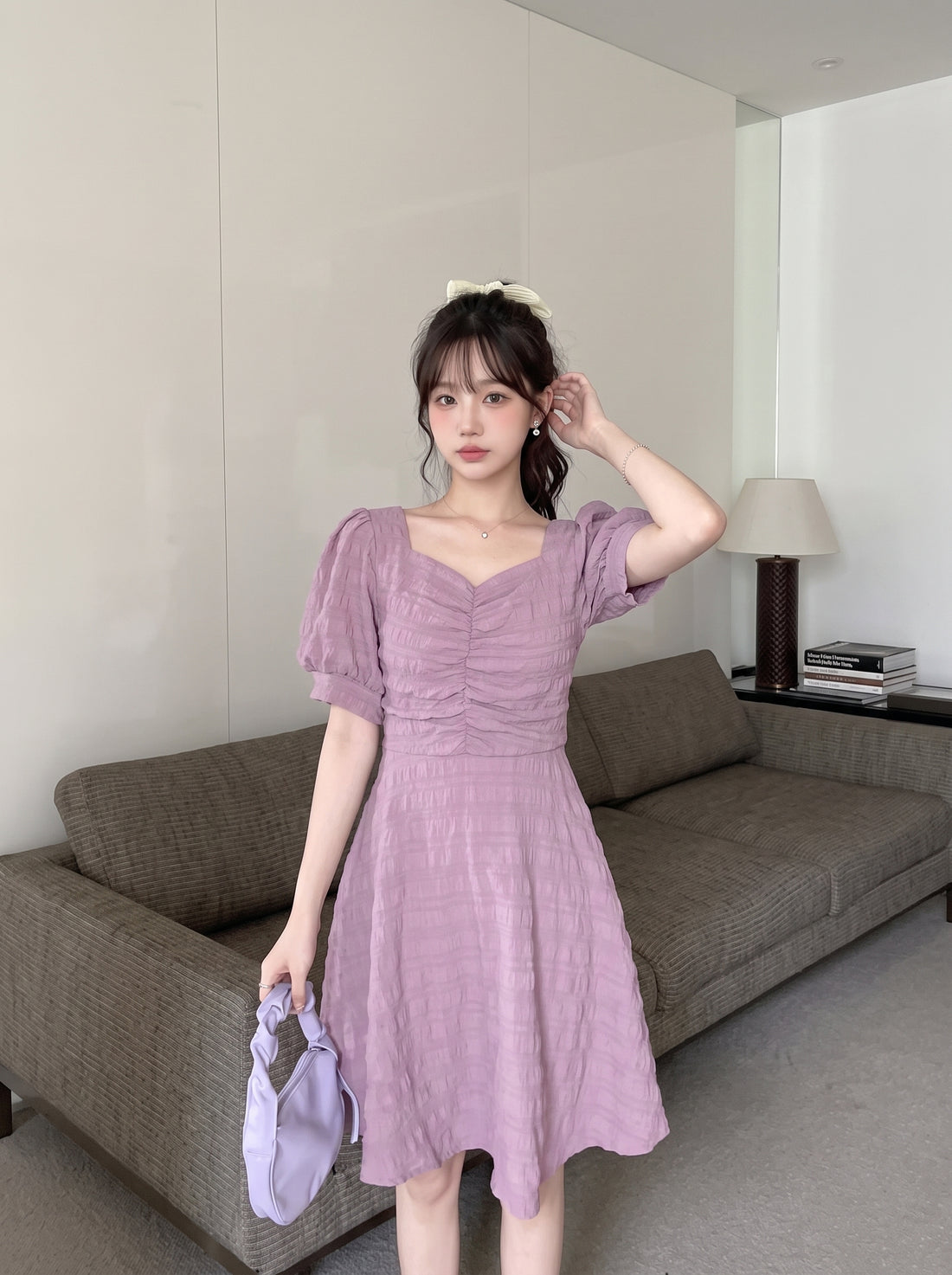 Purple Puff Sleeve Cross Back Short Dress