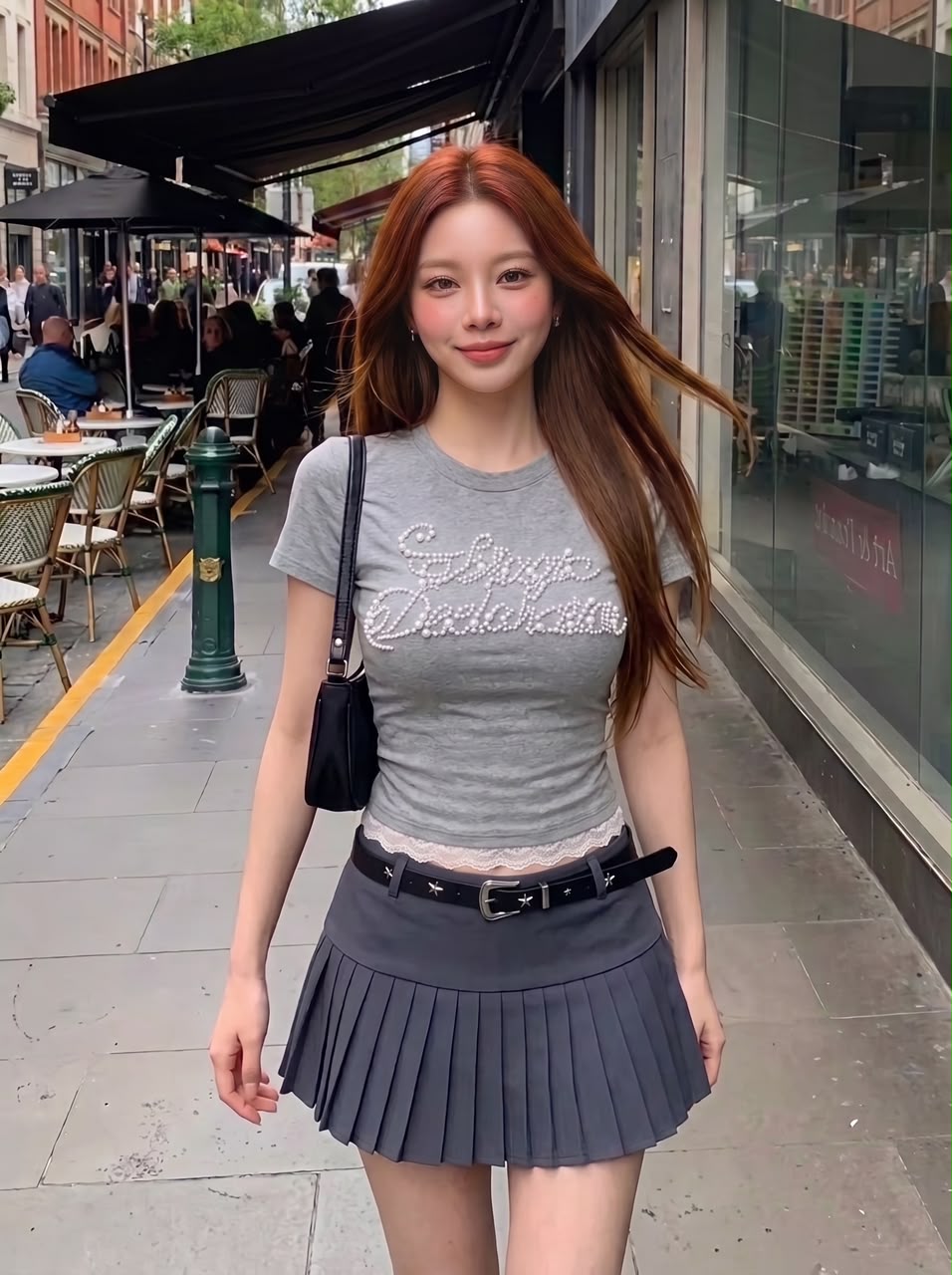 Middle Waist Pleated Skirt ( Grey-L)