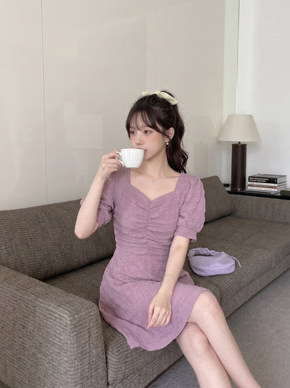 Purple Puff Sleeve Cross Back Short Dress