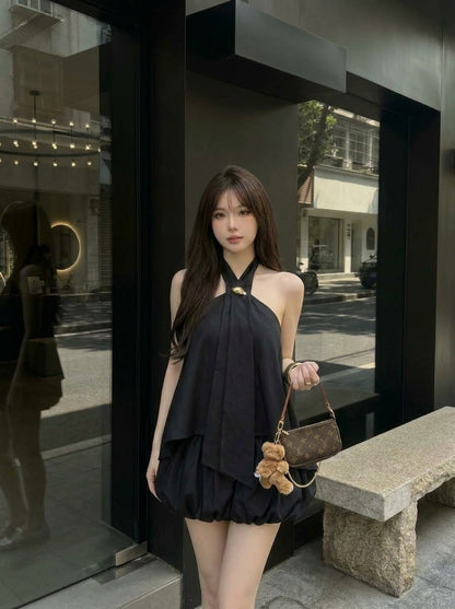 Mix Silk Top + Shorts Two Piece Set (Black, Brown)