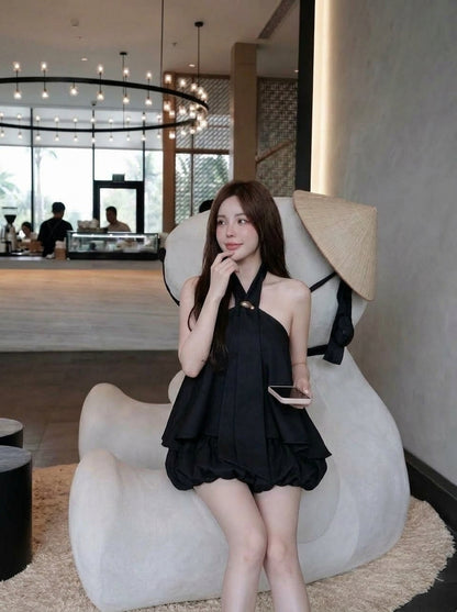 Mix Silk Top + Shorts Two Piece Set (Black, Brown)