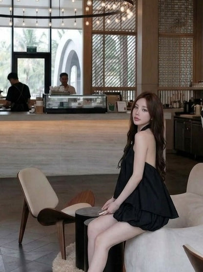 Mix Silk Top + Shorts Two Piece Set (Black, Brown)