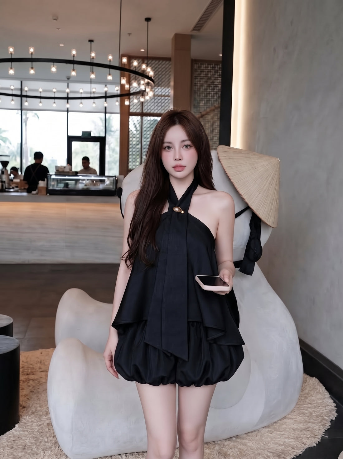 Mix Silk Top + Shorts Two Piece Set (Black, Brown)