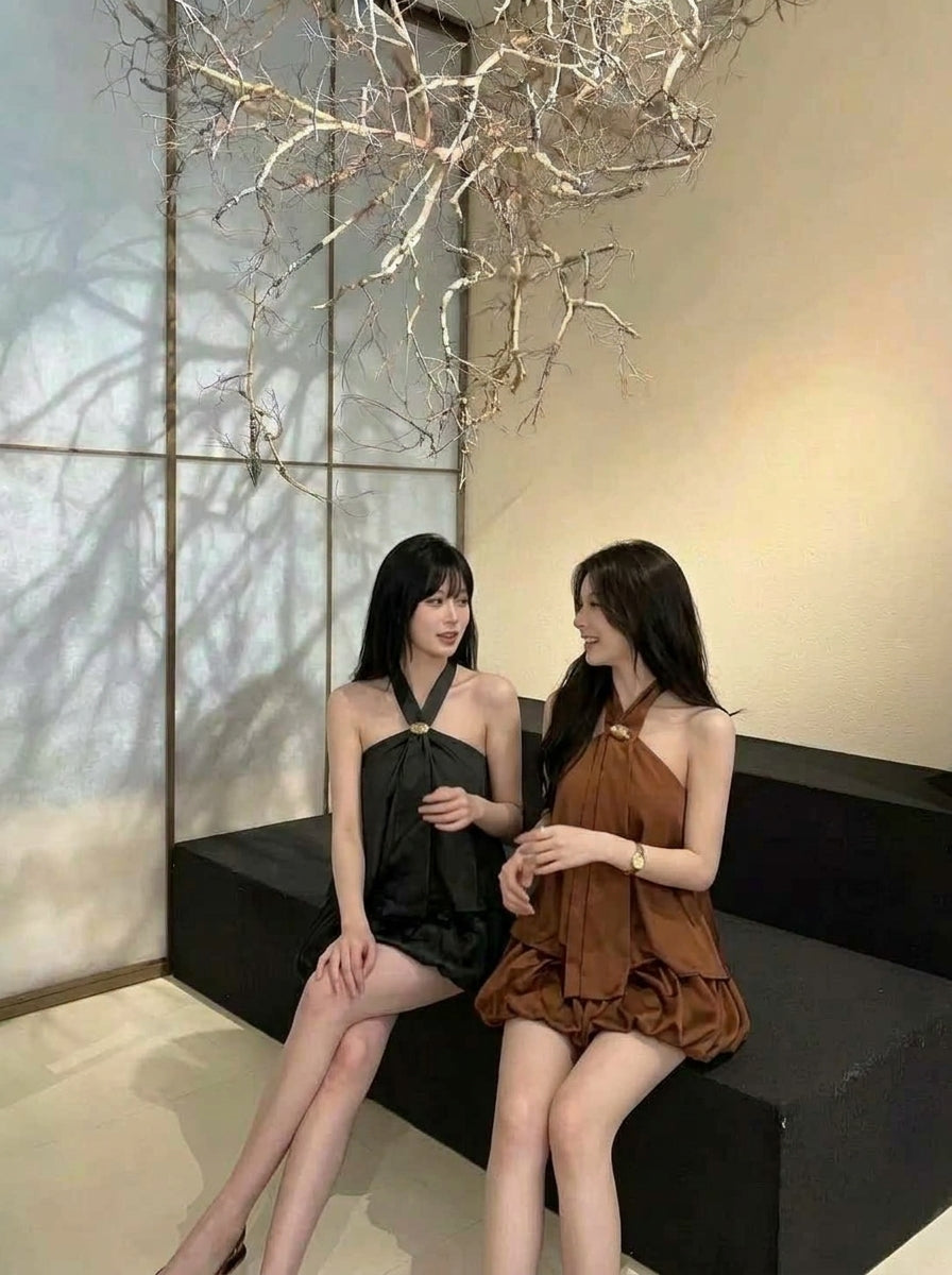 Mix Silk Top + Shorts Two Piece Set (Black, Brown)
