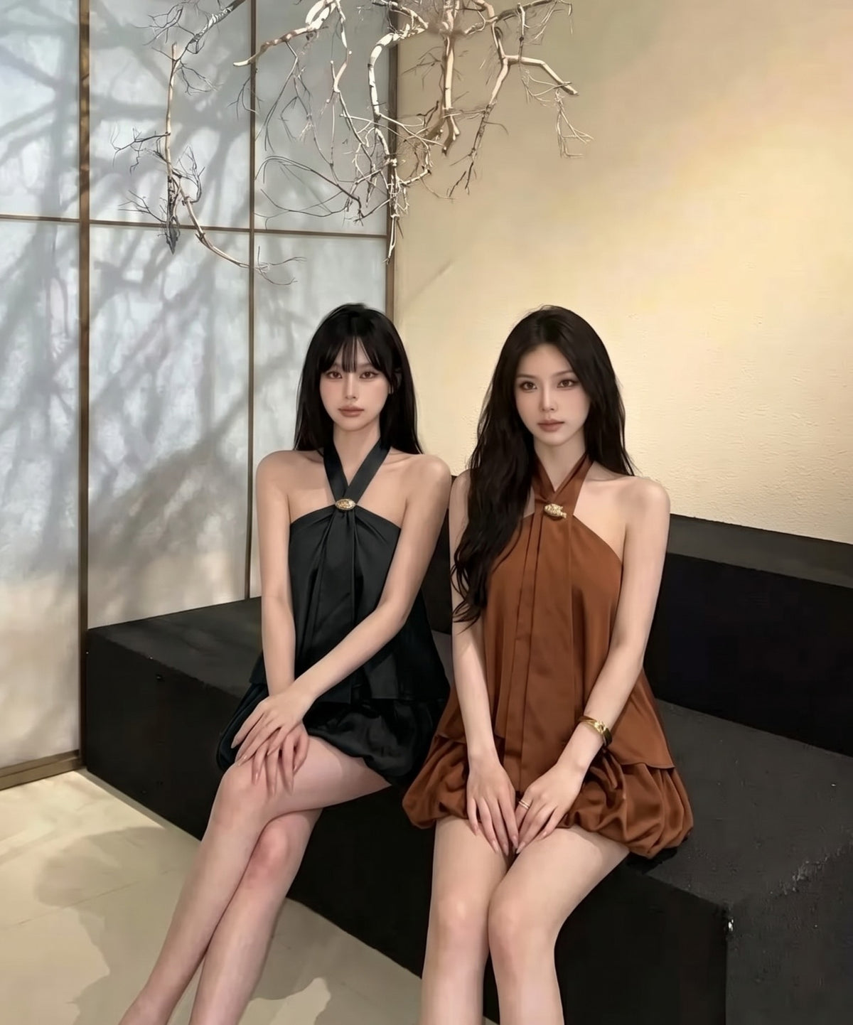 Mix Silk Top + Shorts Two Piece Set (Black, Brown)