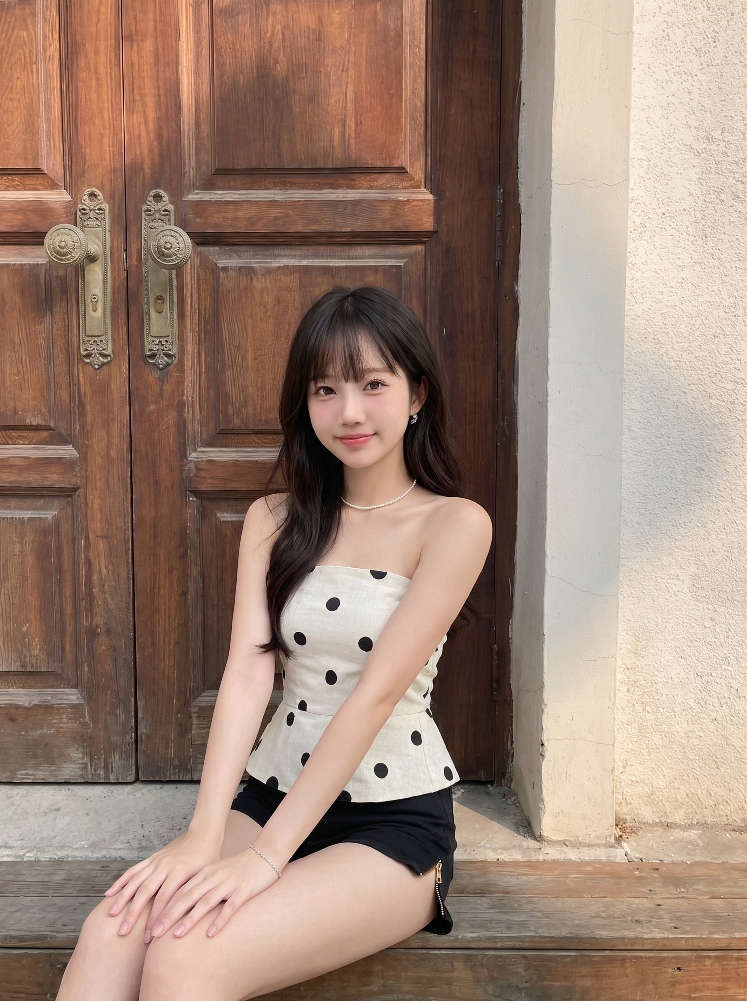 A young woman with dark hair sits on wooden steps in front of a large brown wooden door, wearing a cream strapless top with black polka dots and black shorts.