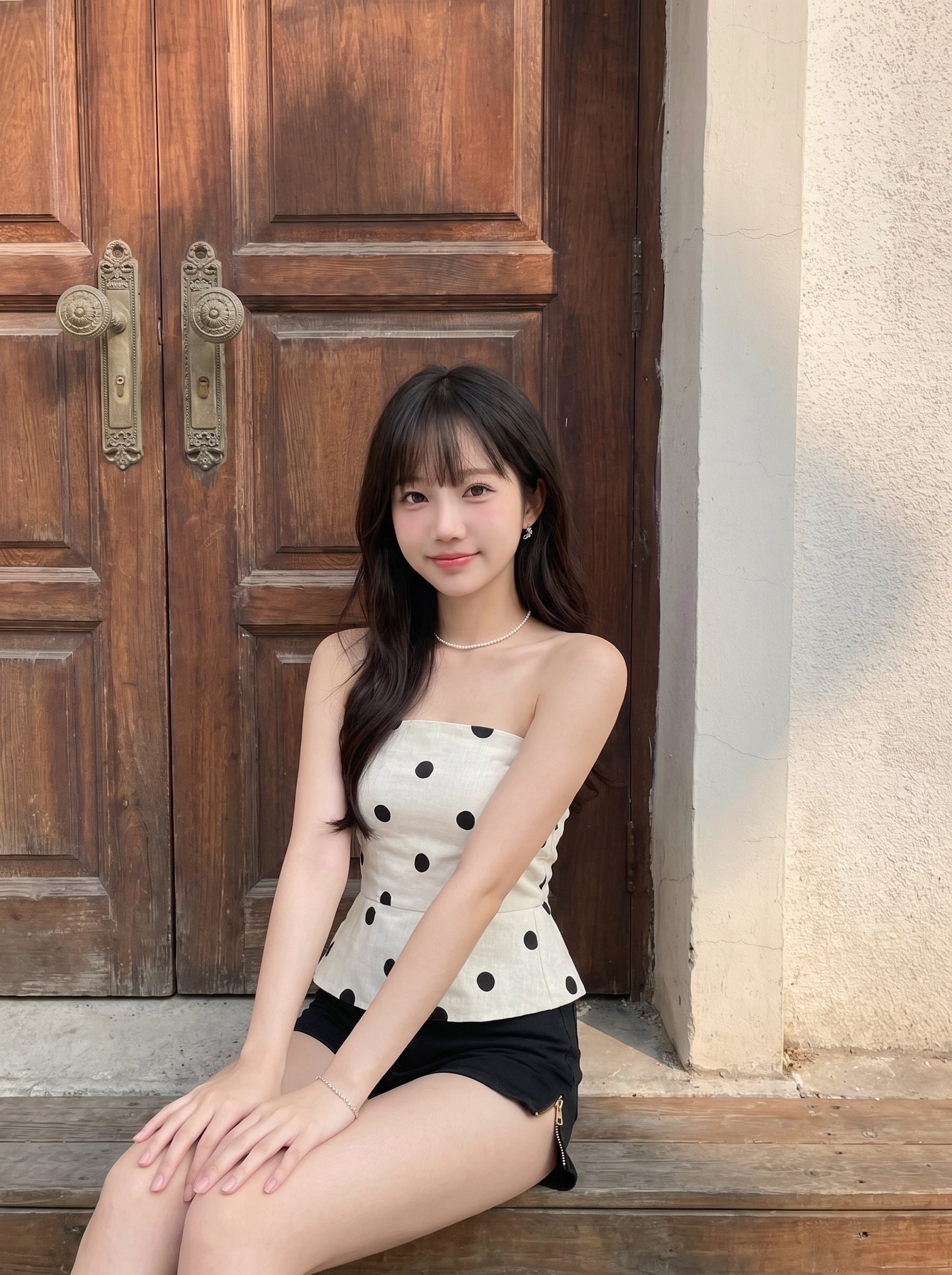 A young woman with dark hair sits on wooden steps in front of a large brown wooden door, wearing a cream strapless top with black polka dots and black shorts.